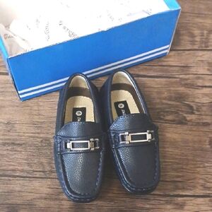 Navy Leather Loafers with Silver Accent